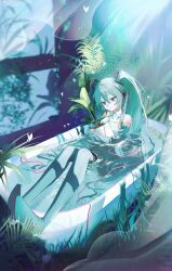  1girl absurdres bare_shoulders bathtub black_boots black_sleeves boots closed_mouth collared_shirt commentary_request detached_sleeves double-parted_bangs full_body get_sung_03 green_eyes green_hair green_necktie hair_between_eyes hatsune_miku highres in_bathtub long_hair long_sleeves necktie shirt sitting sleeveless sleeveless_shirt solo thigh_boots twintails very_long_hair vocaloid water white_shirt 