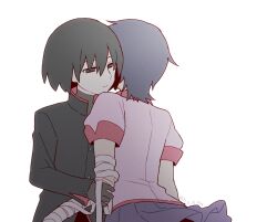  2girls bandaged_arm bandages black_eyes black_hair blazer bob_cut closed_mouth commentary empty_eyes expressionless grabbing_another's_arm hair_between_eyes highres hug jacket kanbaru_suruga looking_afar manimani_(mani_ma) monogatari_(series) multiple_girls naoetsu_high_school_uniform oshino_ougi pleated_skirt red_trim school_uniform short_hair skirt undershirt upper_body white_background yuri 
