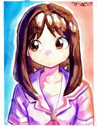  1girl :< artist_name averting_eyes azumanga_daioh azumanga_daioh's_school_uniform blue_background blue_shirt border brown_eyes brown_hair canvas_texture closed_mouth collarbone commentary english_commentary highres kasuga_ayumu looking_to_the_side medium_hair nebacer neck_ribbon painting_(medium) red_ribbon ribbon school_uniform serafuku shirt short_sleeves signature solo summer_uniform sunset traditional_media two-tone_background watercolor_(medium) white_border 