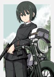  1girl arm_support belt_pouch black_jacket black_pants border clouds collared_shirt colt_woodsman commentary_request deerstalker forest goggles goggles_on_headwear green_eyes green_hair gun hair_between_eyes handgun hat hermes_(kino_no_tabi) highres holding holding_gun holding_weapon jacket karakasa_(krksdy) kino_(kino_no_tabi) kino_no_tabi leaning_to_the_side long_sleeves looking_at_viewer motor_vehicle motorcycle nature outdoors outside_border pants pouch shirt short_hair sky solo_focus unworn_hat unworn_headwear weapon white_border white_shirt wristband 
