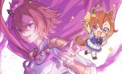  1girl animal_ears armor blush bow bowtie breasts cape chibi commentary_request crown hair_between_eyes highres holding holding_ice_cream_cone horse_ears horse_girl horse_tail ice_cream_cone jewelry long_sleeves looking_at_viewer mini_crown multiple_rings nnmkmwakaranai open_mouth orange_hair orange_tail pink_cape pink_crown pleated_skirt puffy_short_sleeves puffy_sleeves purple_bow purple_bowtie purple_shirt ring sailor_collar sailor_shirt school_uniform shirt short_hair short_sleeves shoulder_armor skirt smile t.m._opera_o_(o_sole_suo!)_(umamusume) t.m._opera_o_(umamusume) tail thigh-highs tracen_school_uniform umamusume violet_eyes white_sailor_collar white_shirt white_skirt white_thighhighs 