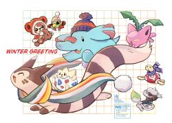  animal_focus beanie black_eyes blue_hat blue_scarf brown_fur chikafuji cloak clothed_pokemon commentary_request full_body furret green_shirt hat highres hoppip looking_at_another looking_at_viewer natu no_humans open_mouth pawpads phanpy pokemon pokemon_(creature) pokemon_focus red_cloak round_eyewear scarf shirt shuckle simple_background sitting smeargle standing striped_clothes striped_scarf teddiursa togepi white_background white_hat yellow_fur 