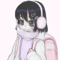  1992jpeg 1girl backpack bag bags_under_eyes black_hair blush bob_cut coat earmuffs hair_ornament hairclip heart heart-shaped_pupils mask mouth_mask original parallel_hairclips purple_scarf randoseru scarf solo symbol-shaped_pupils upper_body white_coat 