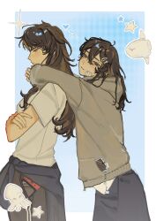 2girls absurdres arm_around_neck bandage_on_face bandages black_hair clothes_around_waist commentary cowboy_shot crossed_arms from_side genderswap genderswap_(mtf) hair_between_eyes hand_on_own_arm highres hood hood_down hooded_jacket jacket jacket_around_waist kiirorokat kim_dokja long_hair looking_at_viewer multiple_girls oldest_dream omniscient_reader's_viewpoint yoo_joonghyuk 
