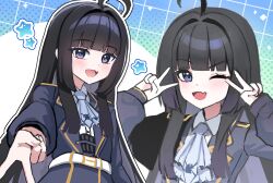  1girl ahoge black_hair double_v highres honeyz long_hair mang_nae_(vtuber) one_eye_closed open_mouth project_i shoulder_strap storm_rookie_7 v violet_eyes virtual_youtuber 
