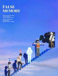  1girl 4boys absurdres bad_source black_hair clouds coat dark_skin english_text false_memory glowing_clothes guan_chao_(false_memory) gun halo handheld_game_console he_mingshuo high-visibility_clothing high-visibility_vest highres holding holding_handheld_game_console holding_stick isatim jacket layered_clothes long_sleeves multiple_boys on_stairs open_door orange_vest parody rifle shadow sky stairs stick the_truman_show vest weapon white_coat white_hair white_jacket yi_(false_memory) 