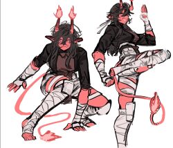  1girl ^_^ ^q^ apron bandaged_arm bandaged_hand bandaged_leg bandaged_waist bandages bandages_over_clothes black_hair black_shirt bright_pupils brown_apron ceriesal closed_eyes colored_skin commentary crane_stance cross-shaped_pupils demon_girl demon_horns demon_tail english_commentary fiery_horns fiery_tail fingerless_gloves fire full_body gloves highres horns knee_pads long_pointy_ears original pointy_ears red_eyes red_horns red_skin red_tail shirt simple_background sleeves_rolled_up smile squatting symbol-shaped_pupils tail toeless_legwear waving white_background white_pupils 