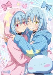  2others asukamama89 black_choker blue_bow blue_hair blush blush_stickers bow choker ciel_(tensura) closed_mouth commentary double_v grin hair_between_eyes hair_ornament hairclip hand_on_another's_chest heart highres hood hood_down hood_up hooded_jacket hug jacket long_hair looking_at_viewer multiple_others one_eye_closed other_focus pink_bow pink_jacket red_eyes rimuru_tempest rimuru_tempest_(slime) signature sleeves_past_wrists slime_(creature) smile star_(symbol) tensei_shitara_slime_datta_ken upper_body v yellow_eyes 