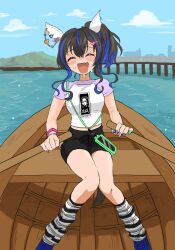  1girl :d animal_ears blue_shoes blue_shorts blue_streaks blush boat bracelet brown_hair casual closed_eyes commentary_request daitaku_helios_(umamusume) dock ear_covers fang hair_between_eyes hair_ornament hairclip heart heart_hair_ornament highres horse_ears horse_girl horse_tail inaho_soji jewelry kneehighs knees_together_feet_apart loose_socks midriff multicolored_hair nail_polish on_boat open_mouth phone print_shirt raglan_sleeves rowboat rowing shirt shoes shorts sitting skin_fang sky smile socks streaked_hair striped_clothes striped_socks sweat tail two-tone_shirt umamusume water watercraft x-girl_(brand) 