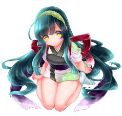  1girl absurdres ahoge closed_mouth edomura_niniko full_body green_hair green_hairband hair_spread_out hairband highres japanese_clothes kimono long_hair long_sidelocks looking_at_viewer no_shoes obi official_art purple_sash sash short_sleeves sidelocks simple_background sitting smile socks solo touhoku_zunko transparent_background very_long_hair voiceroid wariza white_kimono white_socks yellow_eyes 