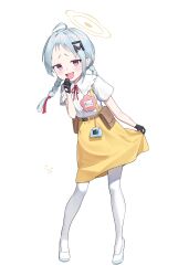  1girl absurdres belt belt_pouch blue_archive blue_hair braid collared_shirt commentary fang full_body halo hand_up happy90572084 highres kindergarten_uniform long_hair looking_at_viewer low_twin_braids mesugaki mesugaki_pose name_tag neck_ribbon open_mouth pantyhose pouch red_ribbon ribbon shirt short_sleeves simple_background skin_fang skirt solo standing suiko_(blue_archive) suspender_skirt suspenders twin_braids violet_eyes virtual_pet_(toy) white_background white_pantyhose white_shirt yellow_halo yellow_skirt 