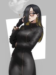  1girl black_coat black_dress black_gloves black_hair blonde_hair blue_eyes border cigarette coat colored_inner_hair commentary cowboy_shot dress fingerless_gloves gloves grey_border hair_over_one_eye high_collar highres holding holding_cigarette johnnyjoe looking_at_viewer medium_hair mole mole_under_mouth multicolored_hair original round_eyewear smoking two-tone_hair untranslatable_commentary white_background 