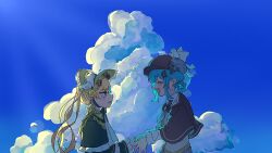  2girls :d ^_^ bird_hat_ornament black_bow black_bowtie black_capelet black_flower black_hat black_rose blonde_hair blue_background blue_hair blue_necktie blue_skirt bonnet bow bow_flower bowtie braid braided_hair_rings capelet chinstrap closed_eyes clouds collared_shirt deerstalker dress flower frilled_capelet frilled_dress frilled_sleeves frills furrowed_brow green_bonnet green_eyes hair_bow hair_flower hair_ornament hair_rings hat hat_bow highres holding_hands iamkorogi lolita_fashion long_hair long_sleeves mahou_shoujo_no_majo_saiban multiple_girls necktie open_mouth rose shirt short_hair skirt sky smile tachibana_sherry tono_hanna twintails white_shirt wide_sleeves winged_hat yellow_flower yellow_rose yuri 