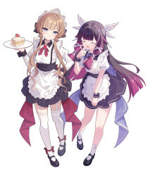  2girls absurdres alternate_costume apron apron_tug black_dress black_hair black_shoes black_wrist_cuffs blue_eyes bow bowtie brown_hair cake cake_slice closed_mouth columbina_(genshin_impact) commentary dress enmaided eye_mask finger_to_mouth food frilled_apron frills full_body gem genshin_impact hair_ornament hand_on_own_hip hand_up highres holding holding_tray juliet_sleeves kk0220 light_blush long_hair long_sidelocks long_sleeves looking_at_viewer maid mask multicolored_hair multiple_girls open_mouth puffy_sleeves purple_bow purple_bowtie purple_hair red_gem sandrone_(genshin_impact) shoes short_hair_with_long_locks sidelocks socks standing thigh-highs tray very_long_hair white_apron white_socks white_thighhighs wing_hair_ornament wrist_cuffs 