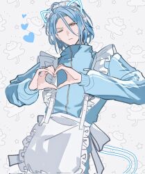  1boy alternate_costume animal_background apron blue_hair blue_jacket commentary_request corrupted_twitter_file cowboy_shot crossdressing crossdressing_(mtf) drawn_ears embarrassed ensemble_stars! frilled_apron frills frown hair_between_eyes heart heart_hands highres himeru_(ensemble_stars!) jacket jersey_maid long_hair_between_eyes long_sleeves maid maid_apron maid_headdress male_focus male_maid one_eye_closed pomilo short_hair small_sweatdrop solo track_jacket unconventional_maid v-shaped_eyebrows white_apron yellow_eyes 
