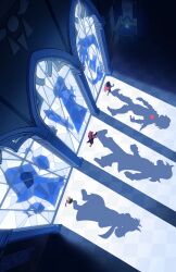  1boy 1girl 1other absurdres deltarune from_above highres indoors kris_(dark_world)_(deltarune) kris_(deltarune) mcduckyart ralsei red_soul_(utdr) running shadow soul_(utdr) stained_glass susie_(dark_world)_(deltarune) susie_(deltarune) utdr_(toby_fox) wide_shot window 