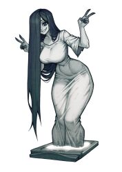  1girl black_eyes black_hair breasts commentary curvy dress full_body hair_behind_ear hair_over_one_eye highres large_breasts long_hair looking_at_viewer narrow_waist pale_skin parted_bangs redteneri simple_background smile solo television the_ring thick_thighs thighs tight_clothes tight_dress v very_long_hair white_background white_dress yamamura_sadako 