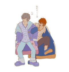  2boys absurdres akehoshi_subaru blue_pants blue_slippers chiominzoku closed_eyes commentary ensemble_stars! facing_another full_body grey_hair grey_pants hair_between_eyes hands_in_pockets highres jacket looking_to_the_side multicolored_jacket multiple_boys official_alternate_costume ogami_koga open_clothes open_jacket open_mouth orange_hair orange_shirt pajamas pants purple_shirt purple_slippers shirt short_hair simple_background slippers smile socks standing standing_on_one_leg white_background white_socks yellow_eyes 