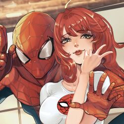  1boy 1girl couple green_eyes happy hetero highres kemurigi_ill long_hair marvel mary_jane_watson mask open_hand peter_parker red_hair red_lips shirt smile spider-man spider-man_(series) v white_shirt 