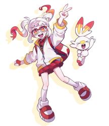  1girl :d clenched_hand collared_shirt commentary_request fingerless_gloves glasses gloves happy highres jacket korean_commentary open_mouth original pleated_skirt pokemon pokemon_(creature) red_gloves red_shirt red_skirt scorbunny shirt shoes single_glove skirt smile socks teeth ufo_sw upper_teeth_only v white_hair white_shoes white_socks zipper_pull_tab 