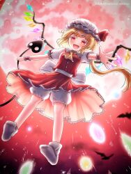  1girl absurdres ascot back_bow bat_(animal) blonde_hair bloomers bow collared_shirt commentary_request crystal crystal_wings danmaku flandre_scarlet frilled_shirt_collar frills full_body full_moon hat hat_ribbon highres holding holding_weapon laevatein_(touhou) looking_at_viewer mob_cap moon multicolored_wings nene_man one_side_up open_mouth red_eyes red_moon red_skirt red_vest ribbon shirt skirt skirt_set smile socks solo touhou vest weapon white_bloomers white_bow white_hat white_shirt white_socks wings yellow_ascot 