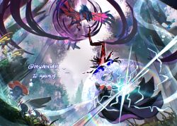  6+others absurdres alternate_color artist_name battle beautifly black_dress black_gloves blue_hair bob_cut commentary_request commission dress elbow_gloves forest gardevoir gloves grass highres iamsphenodon insect_wings mega_gardevoir mega_pokemon multiple_others nature orange_eyes pokemon pokemon_(creature) shiny_pokemon tree vgen_commission vileplume wings wooper yveltal 