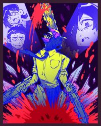 1boy 1girl absurdres akaiguarts black_hair black_necktie blood chainsaw chainsaw_man collared_shirt denji_(chainsaw_man) eyepatch higashiyama_kobeni highres himeno_(chainsaw_man) hirokazu_arai_(chainsaw_man) mole mole_under_eye multiple_boys multiple_girls necktie open_mouth ponytail pull_cord scar scar_on_face scared sharp_teeth shirt short_hair short_ponytail simple_background single_sidelock stylized_blood suit teeth white_shirt 
