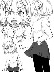  1girl :d annoyed arcueid_brunestud arm_at_side black_pantyhose blush breasts clenched_hands commentary_request english_text excited from_side greyscale hair_between_eyes hand_on_own_hip hands_up head_tilt jewelry looking_at_viewer lower_teeth_only metarogu miniskirt monochrome multiple_expressions necklace open_hand pantyhose plaid_clothes plaid_skirt pout profile short_hair sidelocks single_hair_intake skirt smile solo sweater teeth tsukihime tsukihime_(remake) turtleneck turtleneck_sweater 