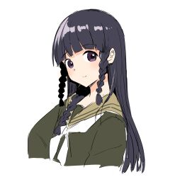  1girl black_hair blunt_bangs braid_over_shoulder commentary_request green_serafuku highres kantai_collection kitakami_kai_san_(kancolle) long_hair long_sleeves looking_at_viewer mochisaka_mitsuki neckerchief sailor_collar sailor_shirt school_uniform serafuku shirt smile solo upper_body very_long_hair violet_eyes white_neckerchief 