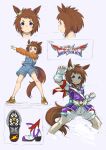  1girl absurdres animal_ears belt biko_pegasus_(umamusume) blue_eyes blush boots brown_hair clenched_hand fingerless_gloves gloves highres horse_ears horse_girl horse_tail jacket koishi_chikasa long_sleeves looking_at_viewer multiple_views open_mouth orange_footwear outstretched_arm overall_shorts overalls pose profile purple_jacket reference_sheet shoes short_hair short_sleeves shorts smile sneakers standing tail umamusume v-shaped_eyebrows white_gloves white_shorts 