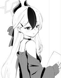 1girl bare_shoulders blue_archive blush bow breasts cardigan choker commentary_request demon_girl demon_horns double-parted_bangs dress ear_piercing from_behind greyscale hair_behind_ear hair_between_eyes hair_bow half_updo halo hand_up hexaroque highres holding holding_paper horns kayoko_(blue_archive) kayoko_(dress)_(blue_archive) long_hair looking_at_viewer looking_back monochrome multicolored_hair official_alternate_costume official_alternate_hairstyle open_cardigan open_clothes paper parted_lips piercing simple_background sleeveless sleeveless_dress small_breasts solo spaghetti_strap straight_hair tsurime two-tone_hair upper_body very_long_hair white_background 