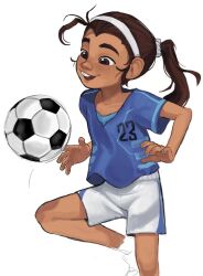  1girl 482egg ball blue_shirt brown_eyes brown_hair buck_teeth character_request child commission copyright_request dark-skinned_female dark_skin foot_out_of_frame freckles hair_ornament hair_scrunchie hairband highres ponytail scrunchie shirt shorts soccer_ball solo teeth white_background white_hairband white_scrunchie white_shorts 