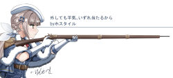  1girl azur_lane beret blue_capelet brown_hair capelet closed_mouth commentary_request epaulettes expressionless from_side gloves green_eyes gun hair_ribbon hands_up hat highres holding holding_gun holding_weapon hostile_(azur_lane) ribbon rifle shousetsumono1 signature solo translation_request upper_body weapon white_gloves white_hat white_ribbon 