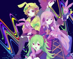  4girls :d abstract_background animal_ears animal_hat black_thighhighs blue_background bow braid bright_pupils capelet charlotte_(witch's_heart) chinese_commentary commentary_request cup demon_girl dress empty_eyes gloves gown green_bow green_hair hair_ornament hair_over_eyes hair_ribbon hairclip half_updo hand_on_own_cheek hand_on_own_face hat highres holding holding_cup holding_stuffed_toy lime_(witch's_heart) long_hair long_sleeves looking_at_viewer multiple_girls pink_dress pink_eyes pink_hair pink_ribbon queqiaoxianren rabbit rabbit_ears rabbit_hat red_eyes ribbon ringlets rouge_(witch's_heart) short_hair short_twintails sitting skirt smile spiky_hair stuffed_animal stuffed_rabbit stuffed_toy suit thigh-highs turtleneck twintails very_long_hair white_pupils witch's_heart yellow_capelet zizel_(witch's_heart) 