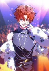  1boy absurdres akehoshi_subaru animal_print bead_necklace beads belt black_belt black_nails black_pants black_shirt blue_eyes commentary cowboy_shot ensemble_stars! fur_jacket hair_between_eyes half-heart_hands hand_up highres jacket jewelry leopard_print light_rays looking_at_viewer male_focus multiple_belts multiple_necklaces multiple_rings necklace official_alternate_costume one_eye_closed open_mouth orange_hair pants parted_bangs ring ring_necklace shirt short_hair sisi_(sisi0404) sleeveless sleeveless_shirt solo stage_lights teeth tongue tongue_out white_jacket 