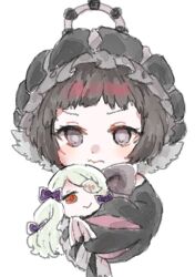  1girl bow closed_mouth commentary_request eyepatch frilled_hat frills gamo_tako grey_eyes hat holding holding_stuffed_toy magical_girl mahou_shoujo_ikusei_keikaku mahou_shoujo_ikusei_keikaku_double_shadow mahou_shoujo_ikusei_keikaku_restart multicolored_hair orange_eyes pfle puffy_sleeves purple_bow short_hair stuffed_toy white_background zipstep 