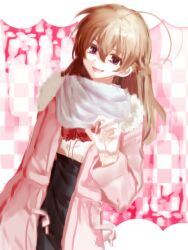 :d absurdres ahoge arm_at_side black_hair black_skirt bow bowtie checkered_background coat commentary_request cowboy_shot hand_up highres knifecut long_hair long_sleeves pink_background pink_coat pleated_skirt red_bow red_bowtie saionji_sekai scarf school_days shirt skirt smile violet_eyes white_background white_scarf white_shirt 