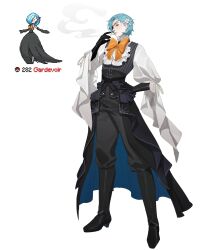  1boy black_boots black_pants blue_hair boots bow character_name cigarette commentary eyepatch gardevoir hand_on_own_hip highres mega_gardevoir mega_pokemon orange_bow orange_eyes pants pokemon pokemon_(creature) reference_inset smoking umber waist_cape 