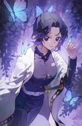  1girl animal_print artist_name belt black_hair breasts bug butterfly butterfly_hair_ornament butterfly_print butterfly_print_haori closed_mouth commentary cowboy_shot demon_slayer_uniform flower from_above hair_ornament haori highres insect_on_finger japanese_clothes kimetsu_no_yaiba kochou_shinobu long_sleeves looking_at_viewer medium_breasts muingmoo multicolored_hair no_pupils parted_bangs print_haori purple_background purple_streaks sheath sheathed short_hair sidelocks smile solo standing streaked_hair violet_eyes white_belt wisteria 