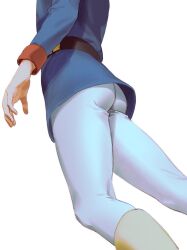  1boy amuro_ray ass boots commentary earth_federation gundam head_out_of_frame highres knee_boots long_sleeves male_focus military_uniform mobile_suit_gundam pants solo white_background white_pants yone_f15 