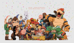  3girls 6+boys anniversary assemblerones black_hair blue_cape blue_eyes blue_overalls brown_hair cape captain_falcon commentary_request confetti copyright_name couch crossed_arms crown cup donkey_kong donkey_kong_(series) f-zero facial_hair falco_lombardi fox_mccloud game_&amp;_watch ganondorf helmet highres ice_climber jigglypuff kirby link luigi mario marth_(fire_emblem) metroid mewtwo mismatched_facial_hair mother_(series) mother_2 mr._game_&amp;_watch multiple_boys multiple_girls mustache nana_(ice_climber) ness's_father ness_(mother_2) open_mouth overalls pichu pikachu plate pokemon pokemon_(creature) popo_(ice_climber) princess_zelda punching red_helmet roy_(fire_emblem) samus_aran super_mario_bros. super_smash_bros. talking_on_phone teacup the_legend_of_zelda tripping yoshi young_link 