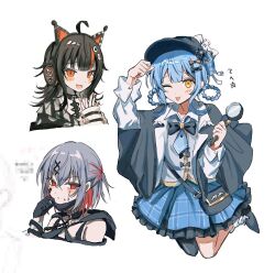  3girls :p ;p ahoge animal_ear_headphones animal_ears asymmetrical_legwear asymmetrical_sleeves bag bandaid bandaid_on_face bare_shoulders belt_collar bird_hat_ornament black_bag black_bow black_bowtie black_capelet black_choker black_dress black_gloves black_hair black_hat black_mask black_nails black_pantyhose black_shoes black_sweater blue_hair blue_necktie blue_skirt bow bowtie braid braided_hair_rings capelet cat_ear_headphones cat_ears choker collar collared_shirt colored_inner_hair commentary_request contrast_collar crossbody_bag crossed_bangs deerstalker dot_nose dress ekaze202 eyeball_hair_ornament fake_animal_ears frilled_skirt frilled_socks frills full_body gloves grey_hair grey_vest hair_between_eyes hair_bow hair_ornament hair_rings hat hat_bow headphones holding holding_magnifying_glass layered_skirt long_sleeves looking_at_viewer magnifying_glass mahou_shoujo_no_majo_saiban mask mask_pull mouth_mask multicolored_hair multiple_girls nail_polish necktie off-shoulder_sweater off_shoulder one_eye_closed orange_eyes orange_nails orange_streaks pantyhose plaid_clothes plaid_skirt red_eyes red_hair sawatari_coco shirt shito_alisa shoes short_hair simple_background single_bare_shoulder single_leg_pantyhose skirt sleeveless sleeveless_shirt socks stitched_face stitches streaked_hair striped_sleeves sweater tachibana_sherry tehepero tongue tongue_out vest white_background white_bow white_shirt white_socks x_hair_ornament yellow_eyes 