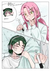 2girls alien_stage black_hair chinese_commentary closed_eyes commentary drawing_on_another drawing_on_another's_face drawn_whiskers english_text glasses hair_ornament hair_scrunchie headphones highres holding holding_marker low_twintails marker mizi_(alien_stage) multiple_girls official_alternate_costume pink_hair qqwy025 scrunchie sleeping sua_(alien_stage) twintails white_scrunchie yellow_eyes 
