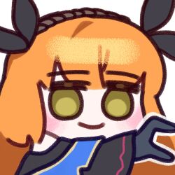  1girl arknights black_bow bow brown_hairband chibi commentary_request e.g.o_(project_moon) hair_bow hairband heart heart_hands ishmael_(project_moon) korean_commentary limbus_company long_hair orange_hair project_moon sidelocks simple_background smile solo tidal_elegy_(e.g.o) tu1na very_long_hair white_background 