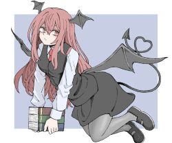  1girl black_skirt black_tail black_vest blue_background book border breasts commentary_request demon_girl demon_tail demon_wings dress_shirt fe_(tetsu) flying full_body head_wings heart heart_tail highres holding holding_book koakuma long_hair long_sleeves looking_at_viewer mary_janes necktie outside_border pantyhose red_eyes red_hair red_necktie shirt shoes simple_background skirt small_breasts solo tail touhou vest white_border white_shirt wings 