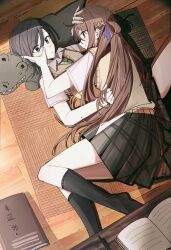  2girls absurdres black_hair black_socks blue_eyes book braid brown_hair brown_sweater_vest chinese_commentary closed_mouth collared_shirt commentary_request grey_skirt haidao_mao half_up_braid hand_in_another's_hair hand_on_another's_face highres kneehighs long_hair medium_hair miyagi_shiori multiple_girls on_floor plaid_clothes plaid_skirt pleated_skirt school_uniform sendai_hazuki shirt shuuniichido_classmate_wo_kau_hanashi skirt smile socks stuffed_animal stuffed_crocodile stuffed_toy sweater_vest violet_eyes white_shirt yuri 