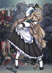  1girl akane_(blue_archive) apron assault_rifle blue_archive blush bolt_action bomb bow bowtie breasts brown_eyes brown_hair brown_halo brown_shawl commentary_request dress dynamite explosive glasses gloves grenade gun halo handgun helmet helmet_gang_officer_(blue_archive) helmet_gangster_(blue_archive) highres hihachi holding large_breasts long_hair looking_at_viewer maid maid_apron maid_headdress motorcycle_helmet multiple_girls plaid_clothes plaid_shawl rifle school_uniform shawl shirt sig_556 sig_sauer skirt smile stick_grenade tnt tnt_block_(minecraft) weapon welrod 