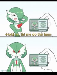  1girl 1other absurdres artist_name bob_cut closed_eyes colored_skin commentary english_commentary gardevoir green_hair green_skin highres hold_on_let_me_do_the_face_(meme) meme multicolored_skin multiple_views open_mouth poisonisdead poke_ball_print pokemon pokemon_(creature) red_eyes smile two-tone_skin white_skin 