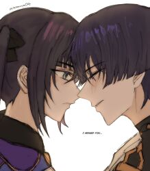  1boy 1girl adam's_apple aikanna04 aqua_eyes artist_name black_hair blunt_bangs blunt_ends blush bodysuit bow closed_mouth couple crying eyelashes eyeliner facing_another forehead-to-forehead from_side fur_trim genshin_impact gold hair_bow heads_together hetero highres looking_at_another makeup mona_(genshin_impact) multicolored_hair parted_lips pink_hair profile purple_hair red_eyeliner scaramouche_(genshin_impact) side_ponytail sidelocks sideways_mouth sketch streaked_hair tears tsurime turtleneck turtleneck_bodysuit wanderer_(genshin_impact) white_background white_mouth wolf_cut 