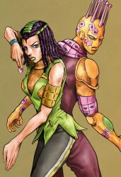  1girl 1other absurdres armband black_hair breasts commentary_request dark-skinned_female dark_skin dreadlocks ermes_costello facial_mark green_lips green_vest grey_eyes hair_ornament hairclip highres holding_sticker jojo_no_kimyou_na_bouken kaib0y kiss_(stand) lipstick makeup official_style pants simple_background sleeveless sleeveless_turtleneck solo solo_focus stand_(jojo) standing sticker stone_ocean turtleneck vest 